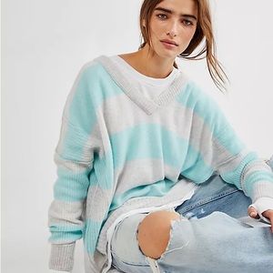 Free People Think Of You Stripe Cashmere Tunic Aqua Gray Oversize Knit Rib XS